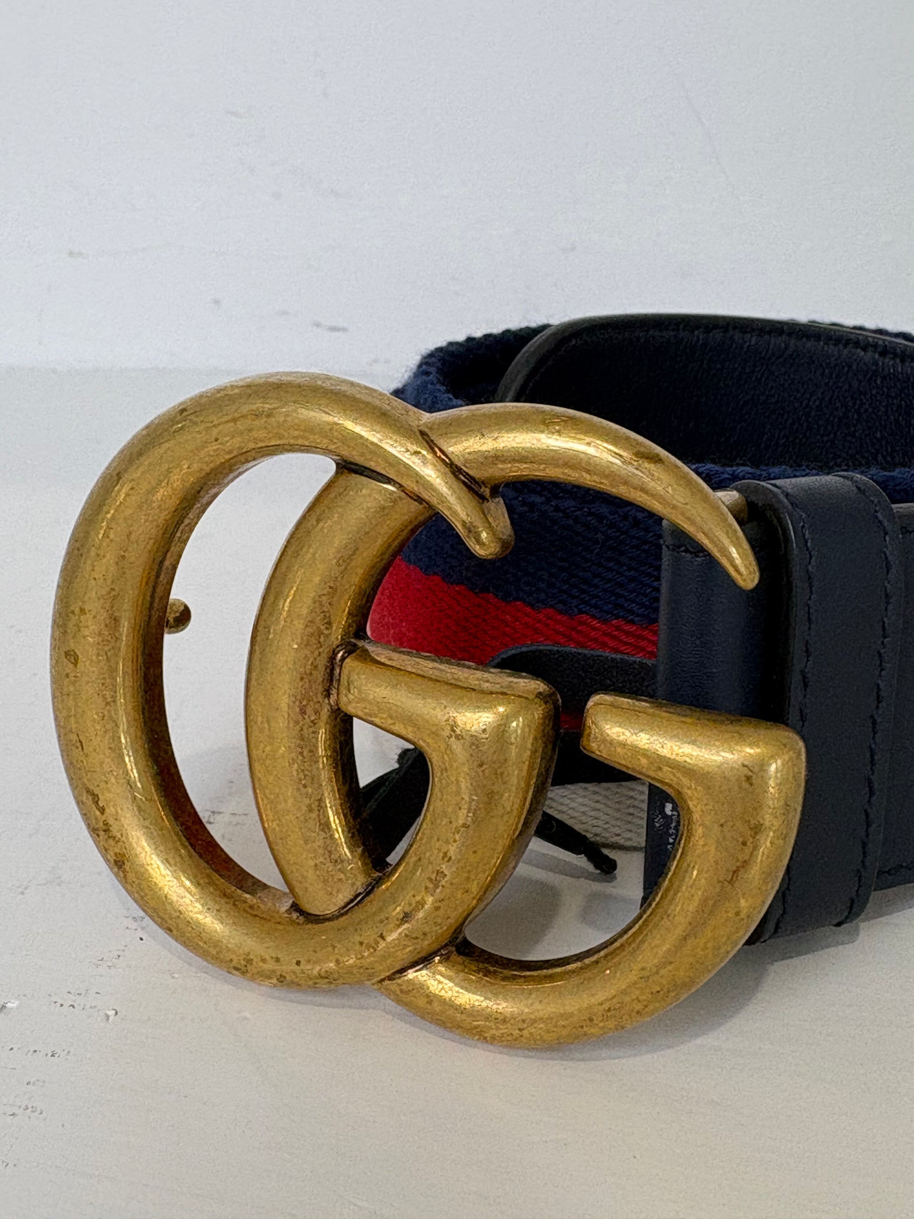 Gucci Navy, Red and White Canvas Strap Marmont Belt, 90