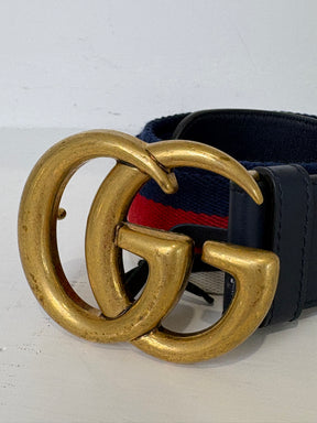 Gucci Navy, Red and White Canvas Strap Marmont Belt, 90