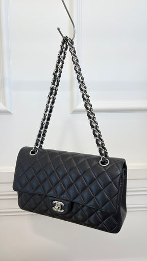 Chanel Black Lambskin Leather Medium Classic Flap with Silver Hardware