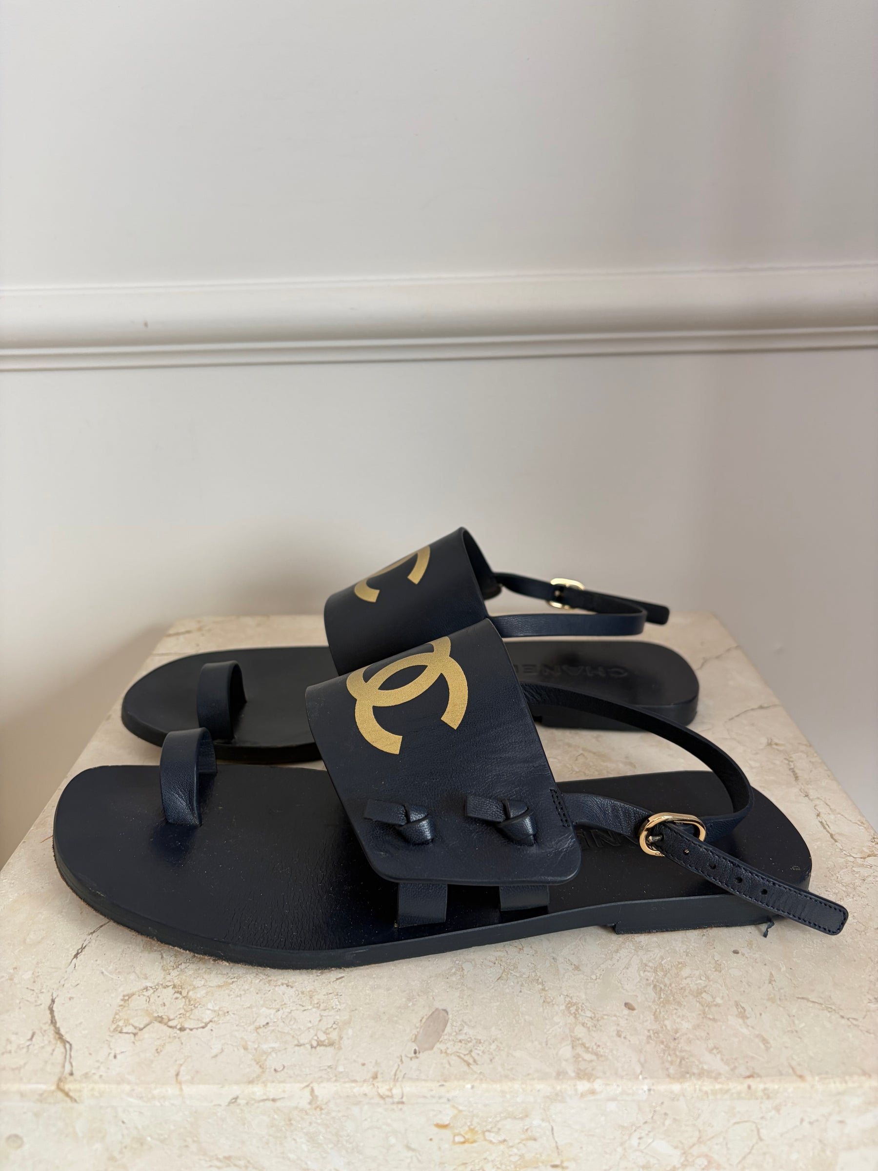 Chanel CC Navy Slingback Sandals, 37