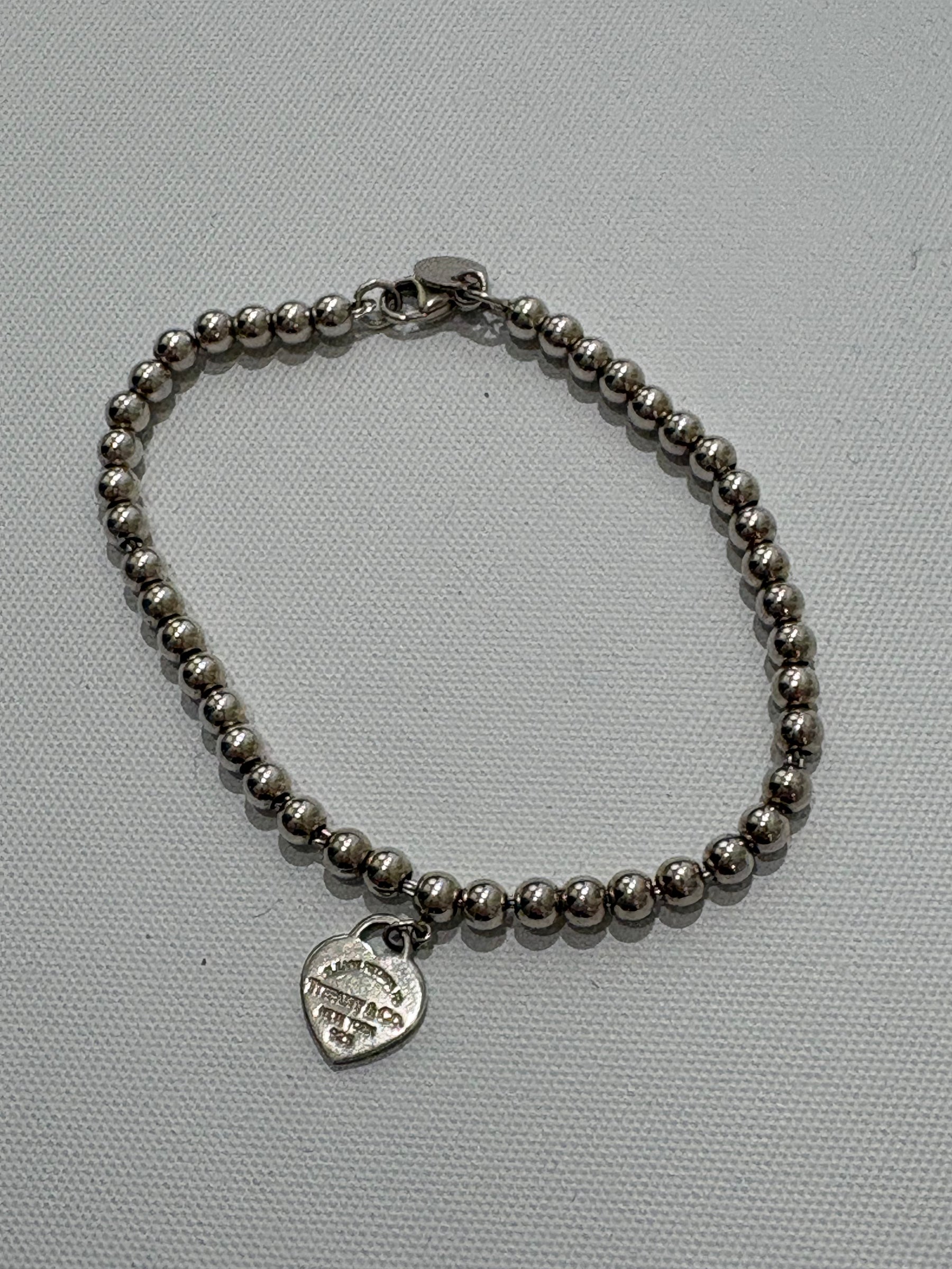 Tiffany Enamel Heart Silver Bead Bracelet