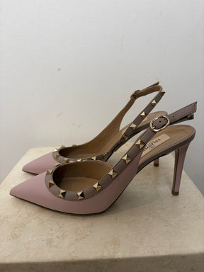Valentino Garavani Pink Leather Rockstud Slingback Heels, 38.5