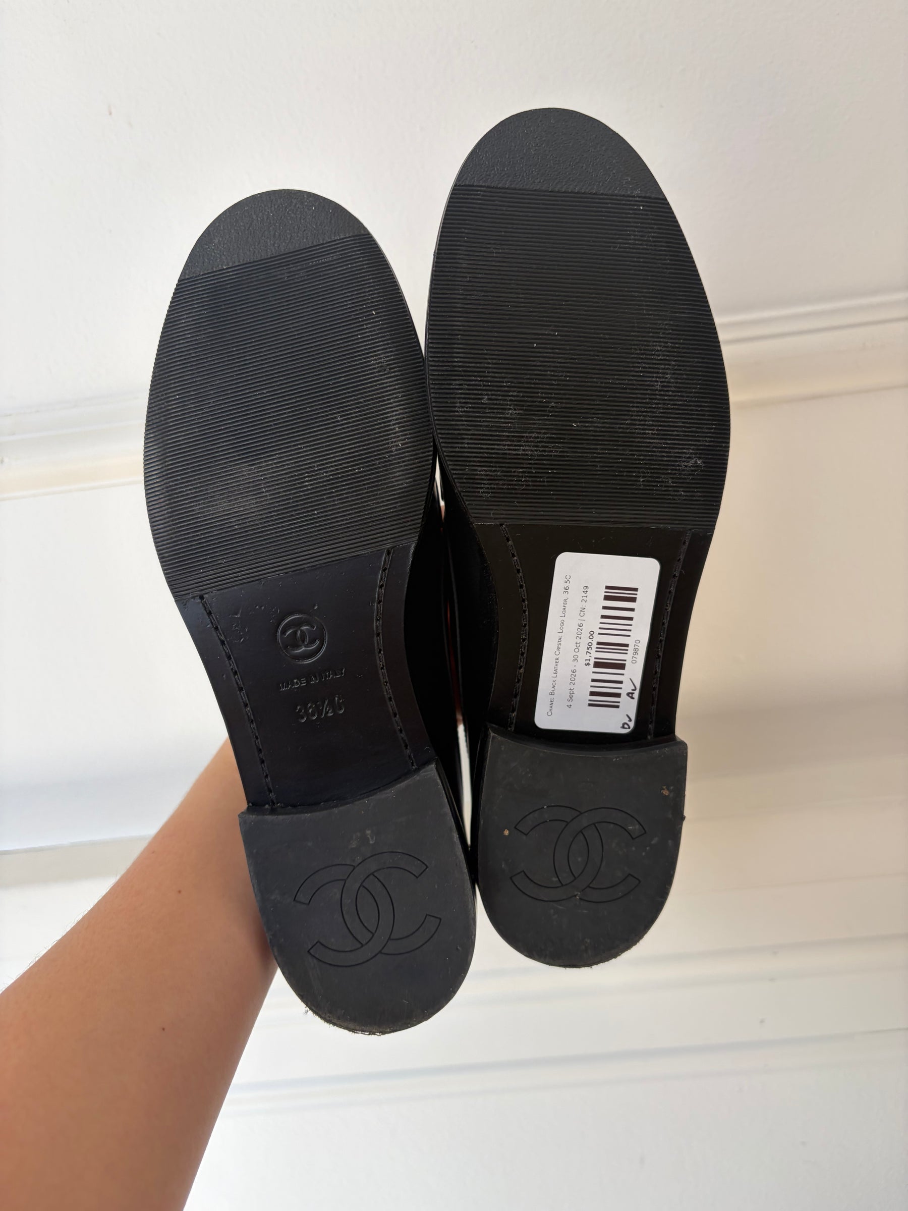 Chanel Black Leather Crystal Logo Loafer, 36.5C