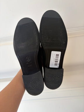 Chanel Black Leather Crystal Logo Loafer, 36.5C