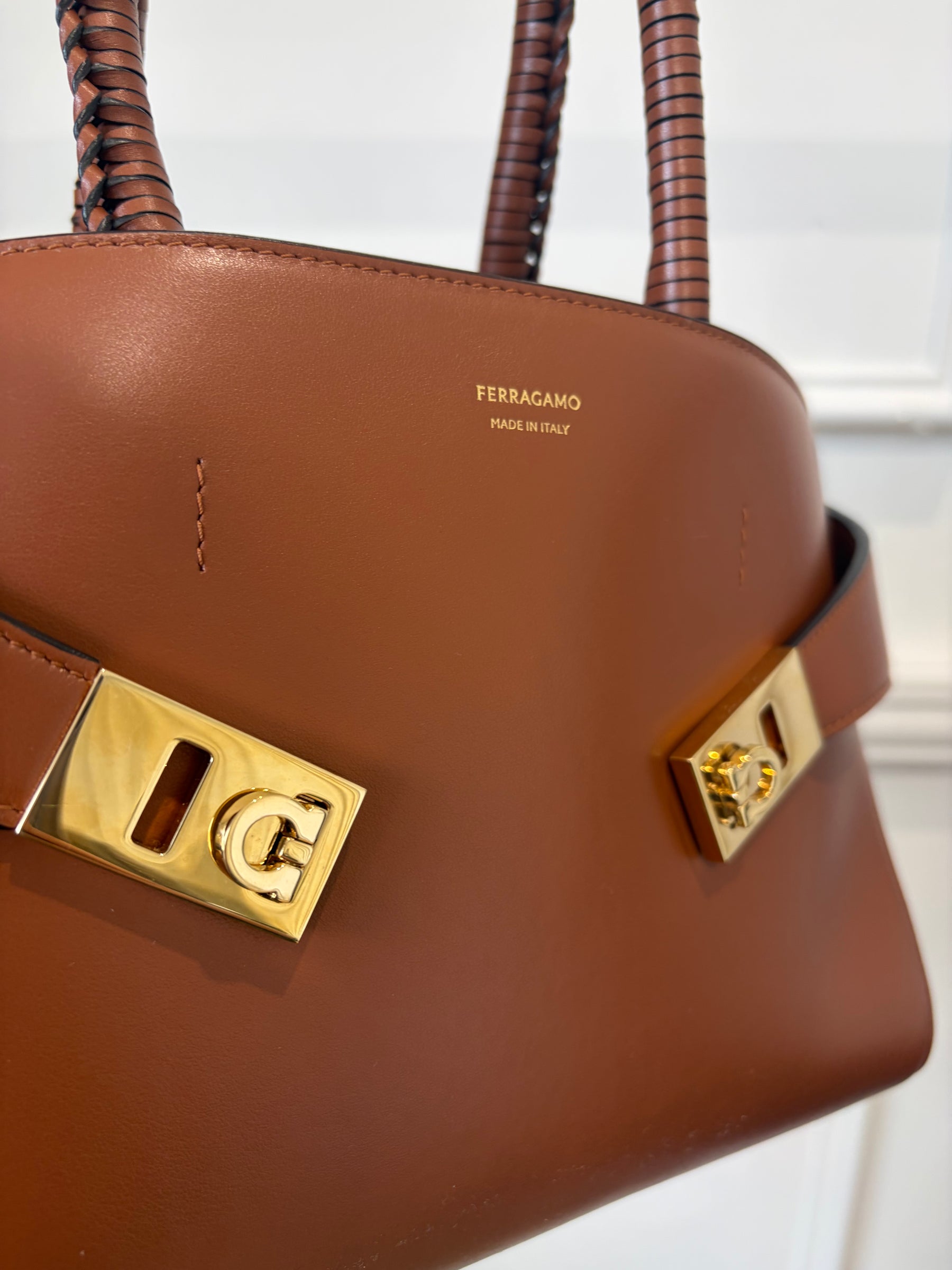 Ferragamo Chestnut Leather Small Hug Bag with Braided Handles