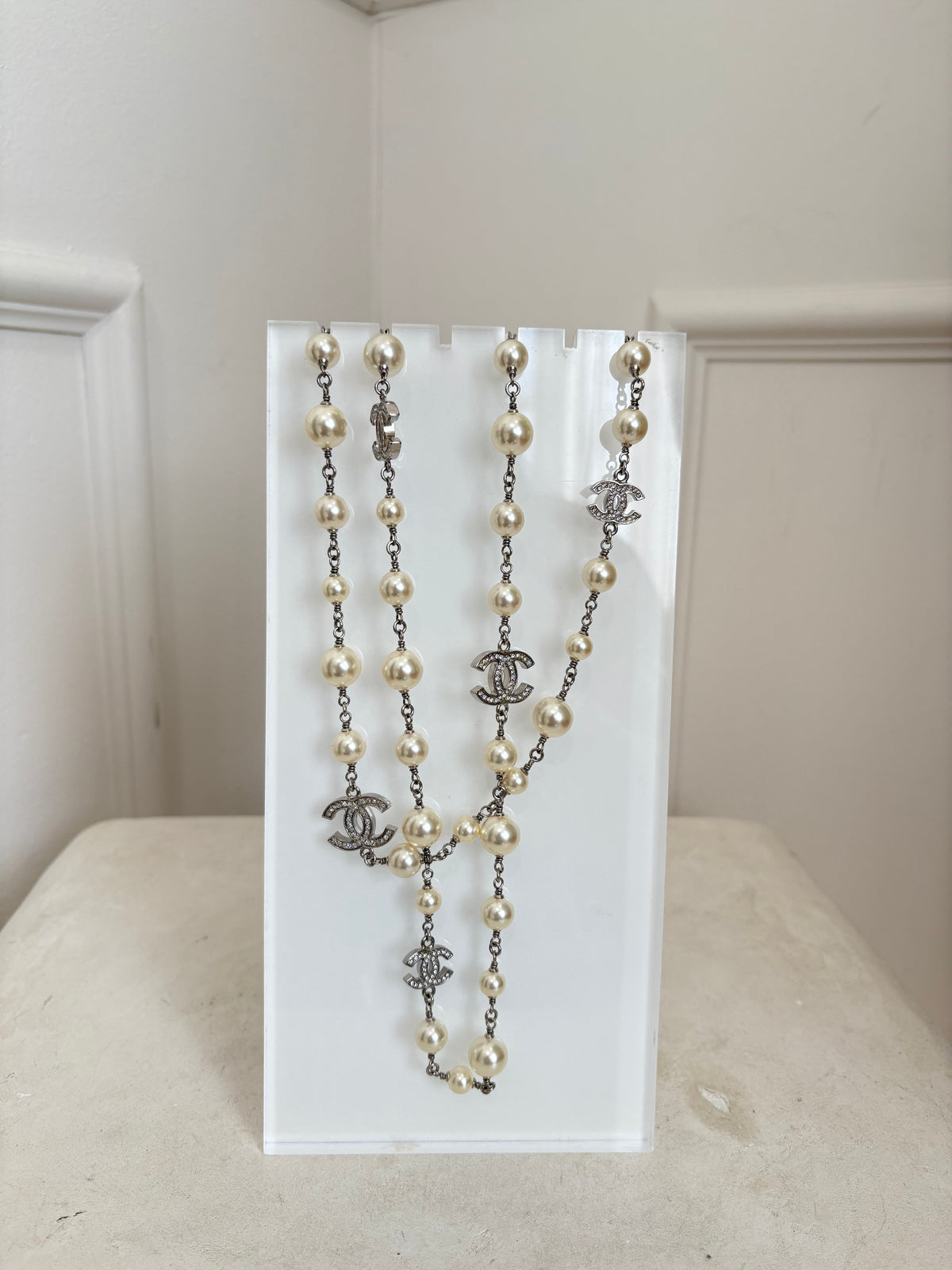 Chanel Silver Tone Pearl and Diamonte Logo Necklace