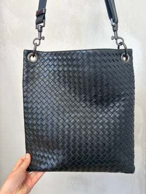 Bottega Veneta Intracciato Black Leather Messenger Bag