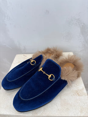 Gucci Blue Suede Shearling Princetown Slippers, 39