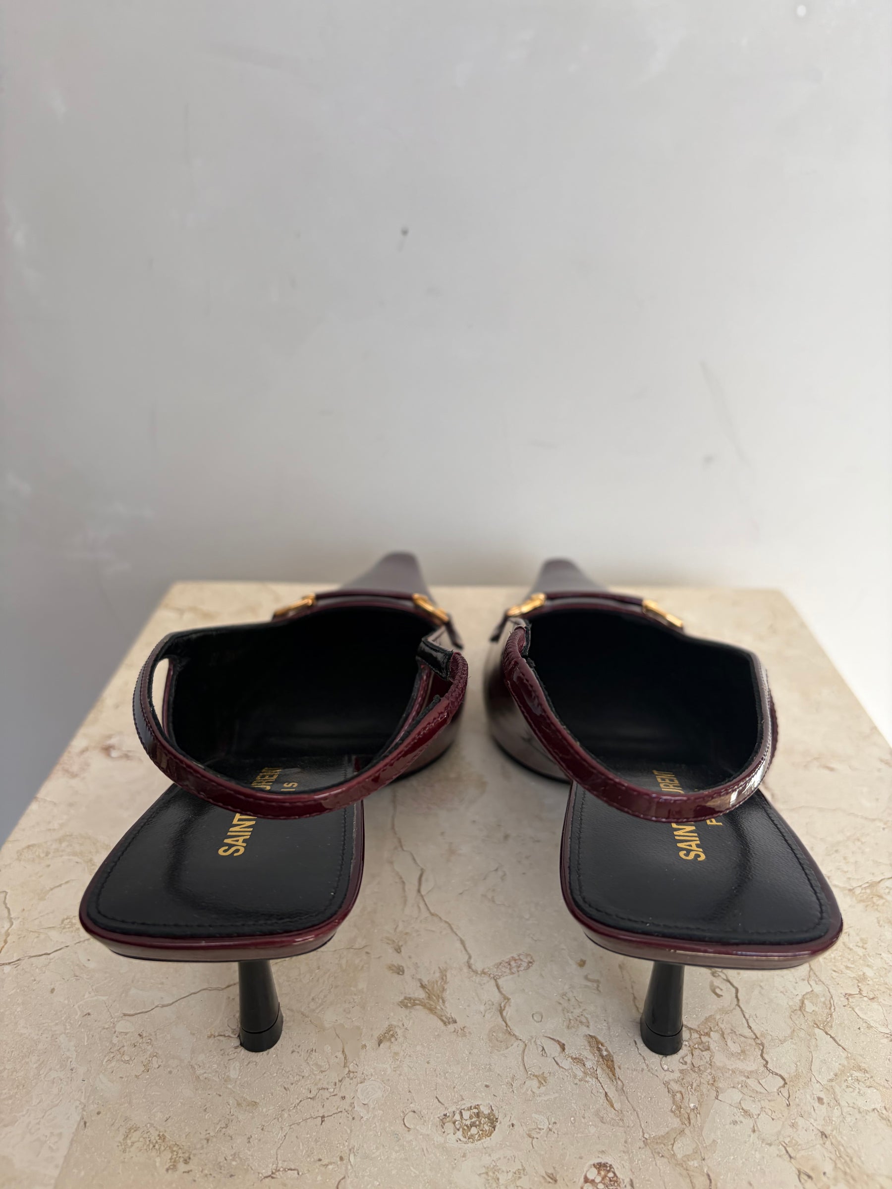 Saint Laurent Burgundy Patent Leather Pointed Carine Slingback Pumps, 38.5