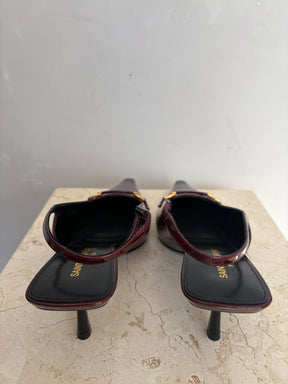 Saint Laurent Burgundy Patent Leather Pointed Carine Slingback Pumps, 38.5