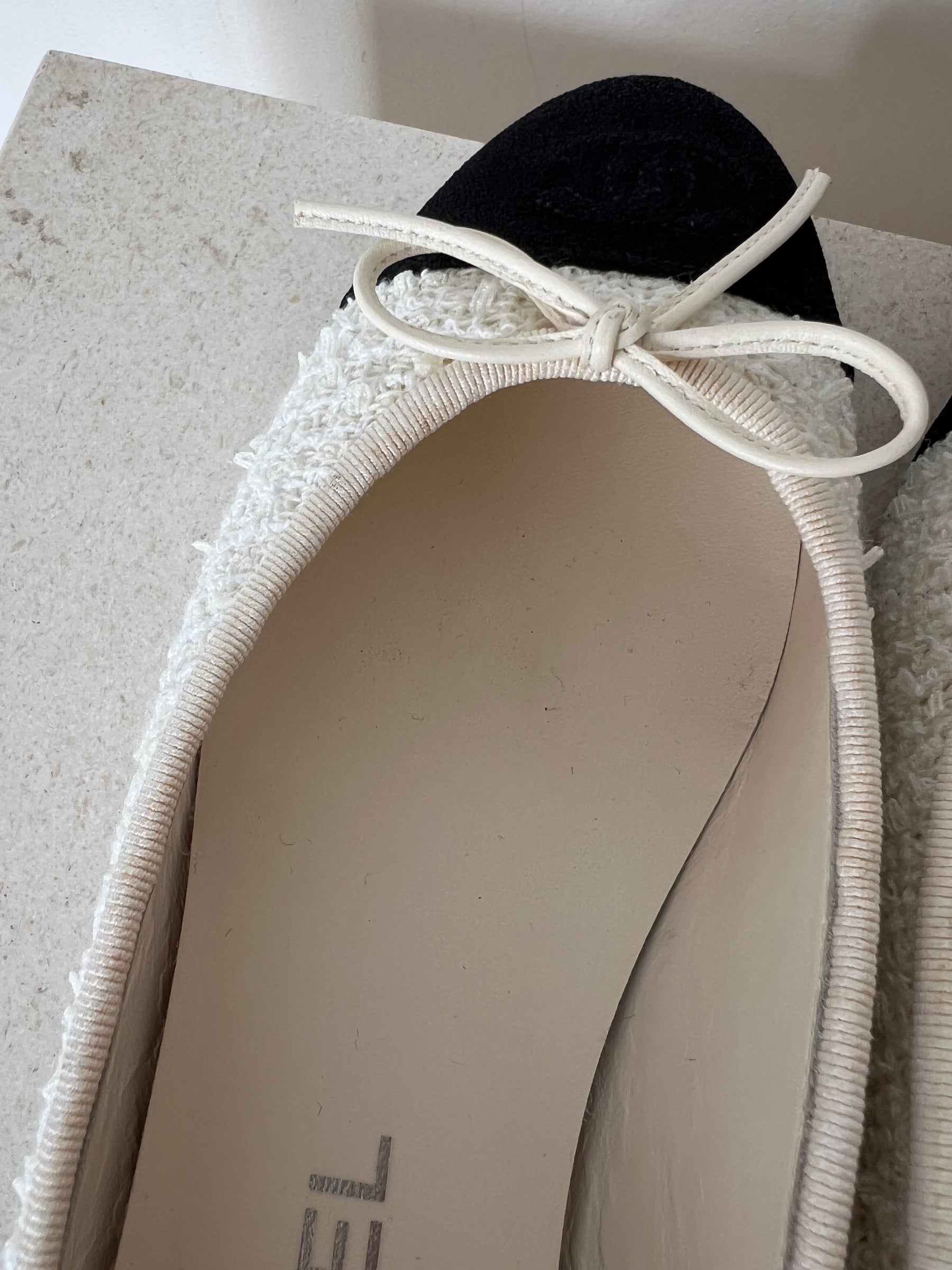 Chanel Cream Tweed Logo Ballet Flats, 37C