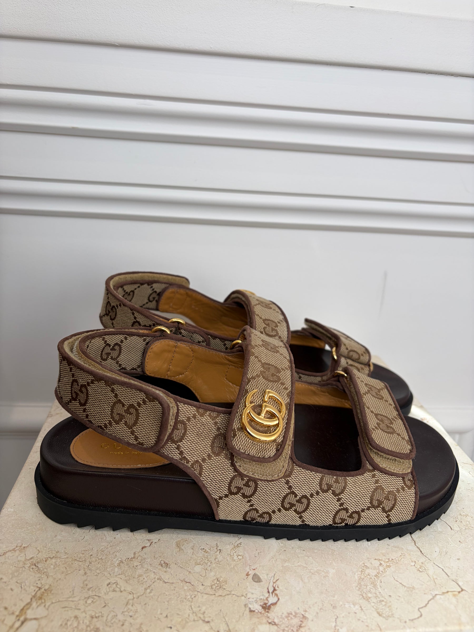 Gucci Monogram Canvas Marmont Dad Sandals, 38.5