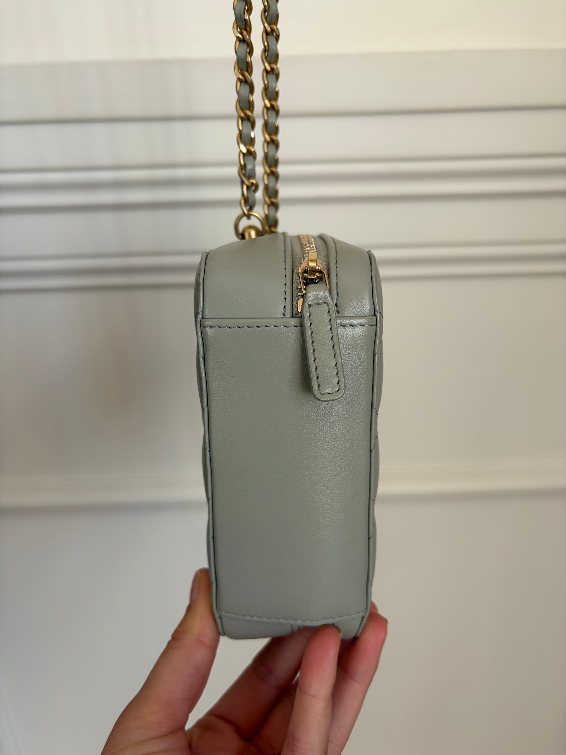 Chanel Light Grey Lambskin Pearl Crrush Mini Camera Bag