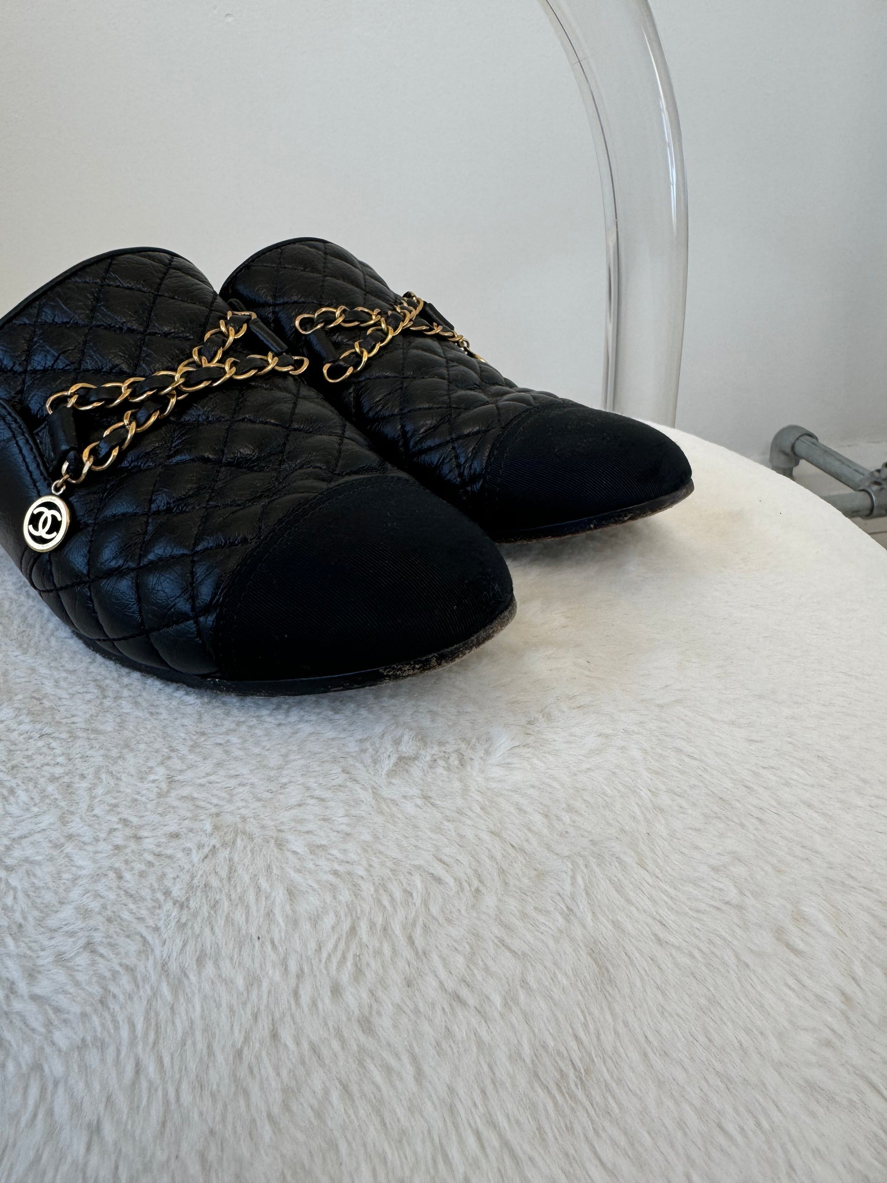 Chanel Black Quilted Leather Chain Details Backless Loafer, 39C