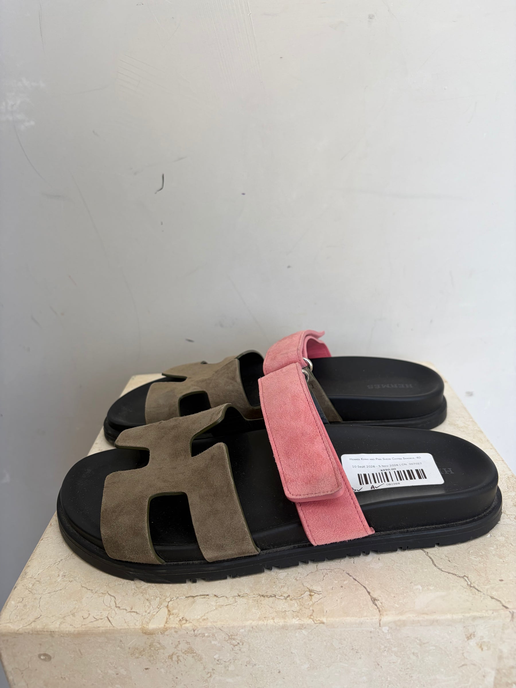 Hermès Khaki and Pink Suede Chypre Sandals, 40