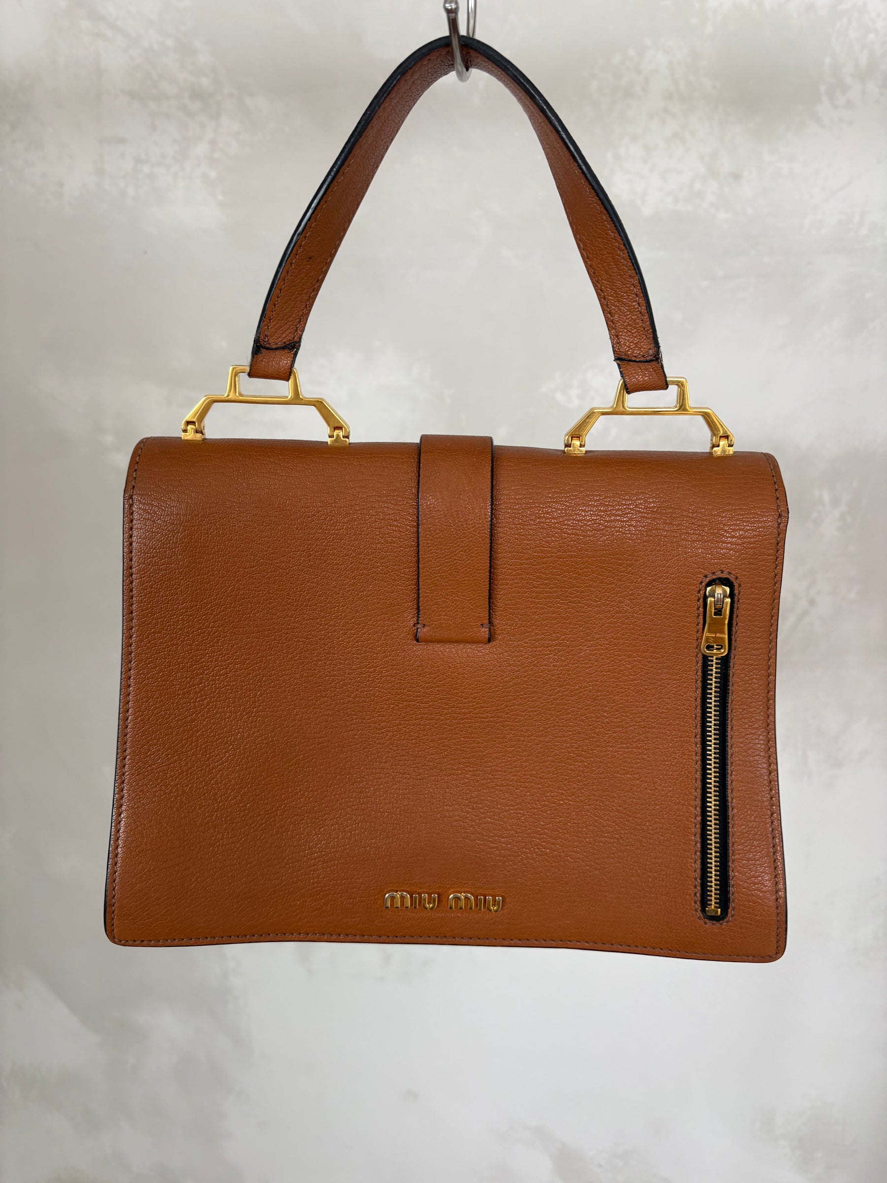 Miu Miu Madras Convertible Campartment Top Handle Bag Tan