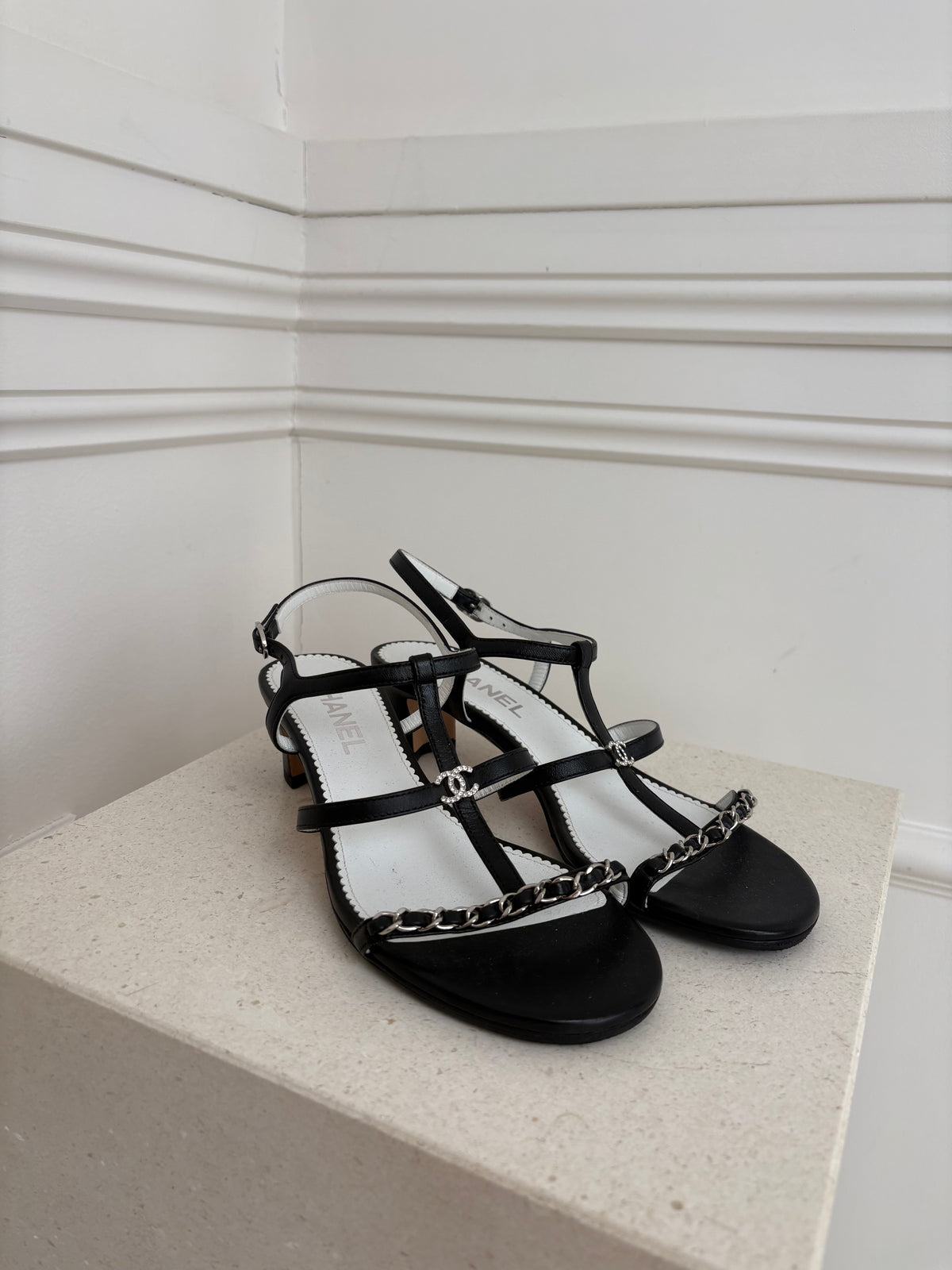 Chanel Black Leather with Silver Chain Detail Heeled Sandal, 36.5C