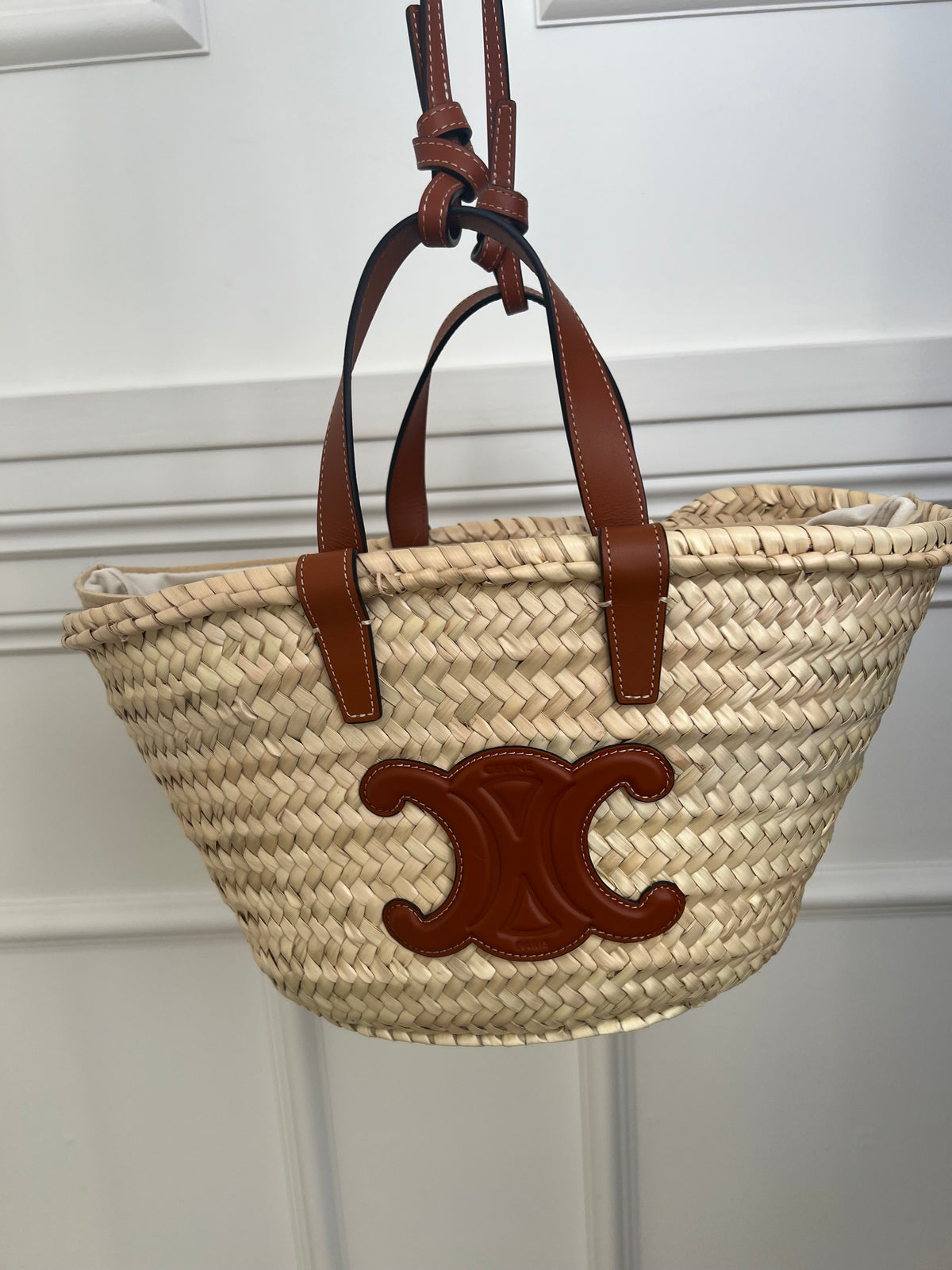 Céline Raffia and Leather Triomphe Basket Bag with Strap