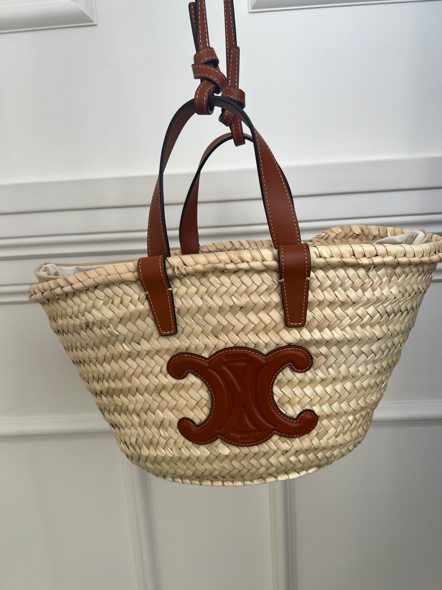 Céline Raffia and Leather Triomphe Basket Bag with Strap