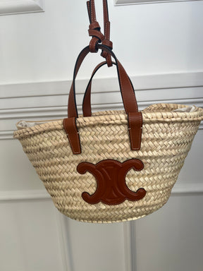 Céline Raffia and Leather Triomphe Basket Bag with Strap