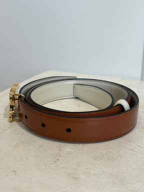 Celine Tan and White Reversible Leather Triomphe Belt, 80