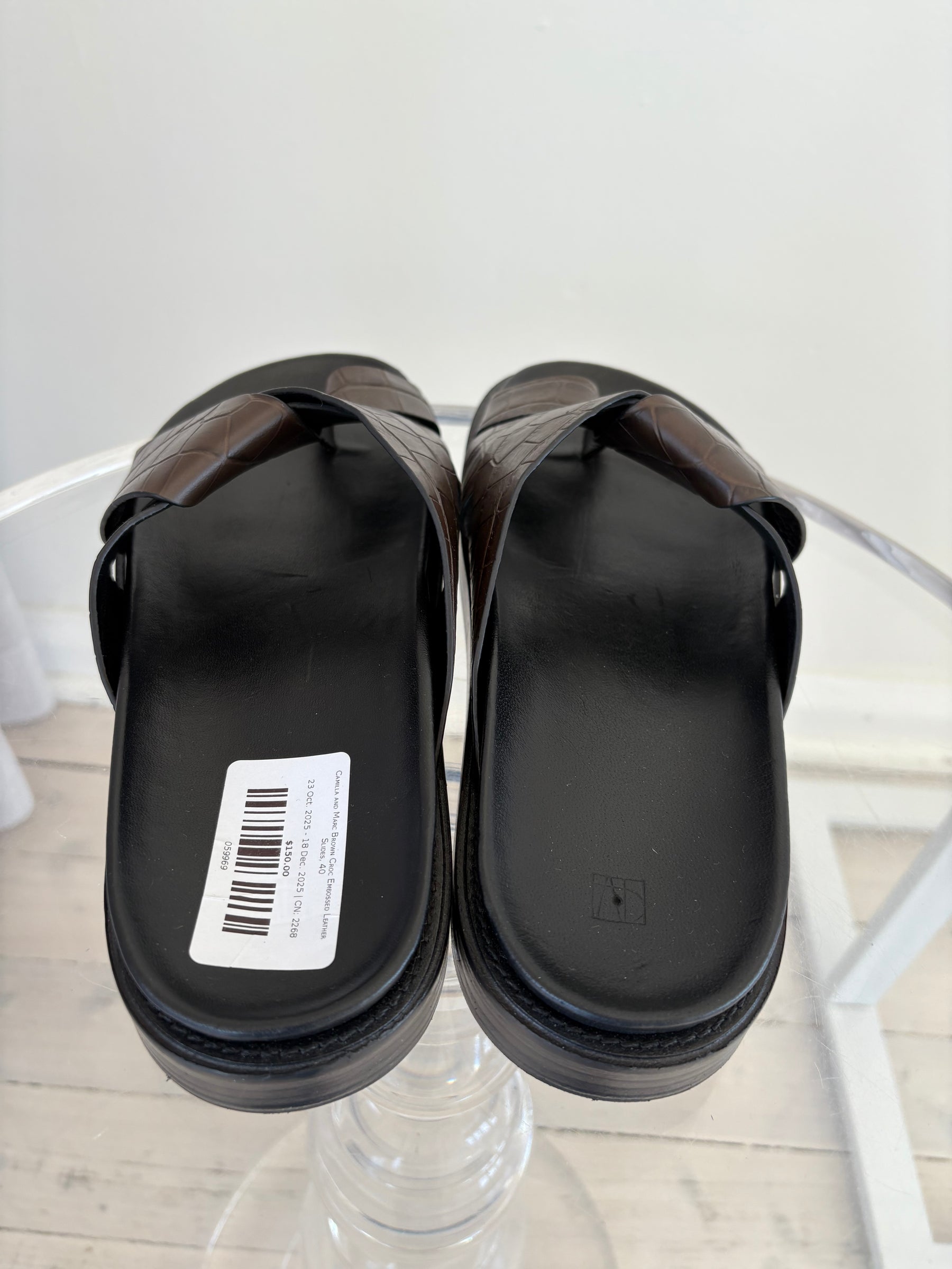 Camilla and Marc Brown Croc Embossed Leather Slides, 40