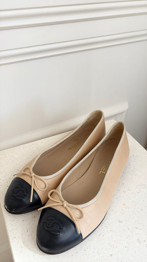 Chanel Beige and Black Leather Ballet Flats, 37.5