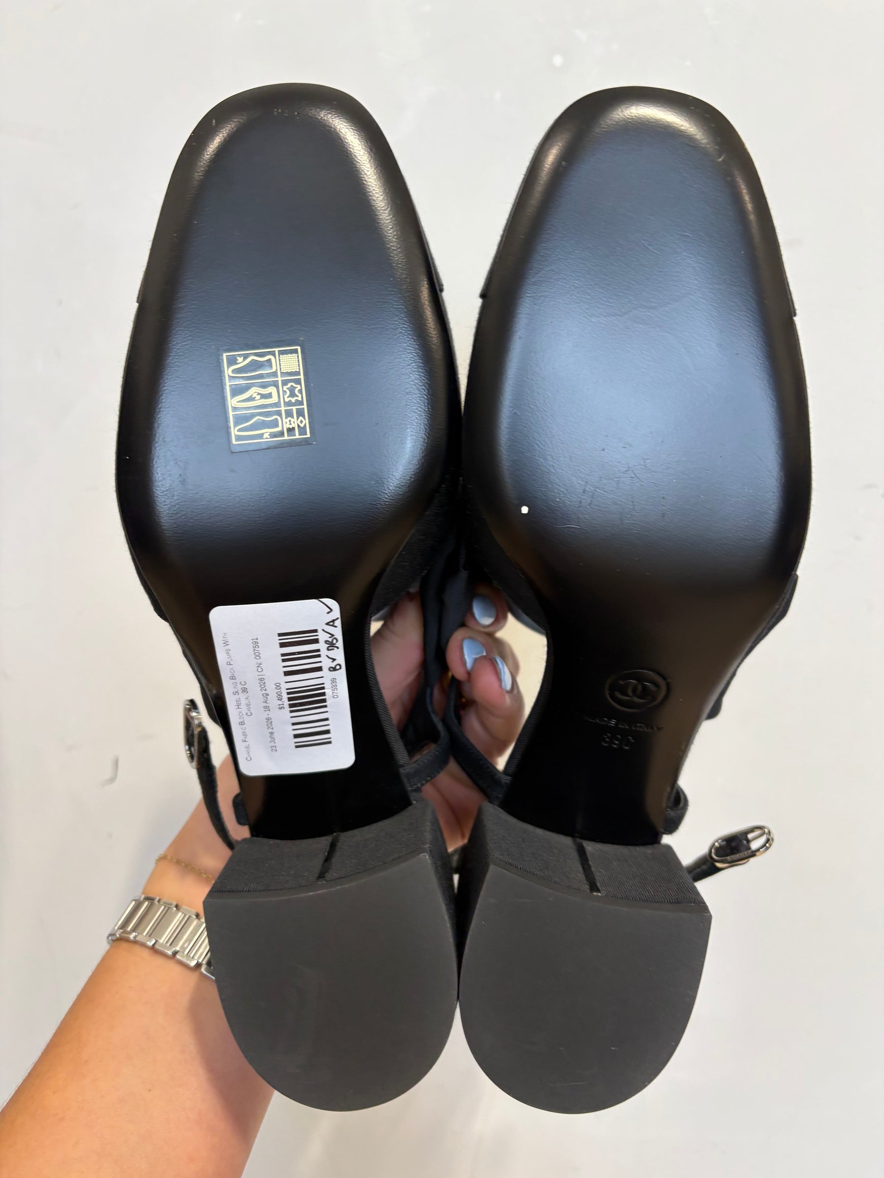 Chanel Fabric Block Heel Sling Back Pumps With Camelia, 39 C