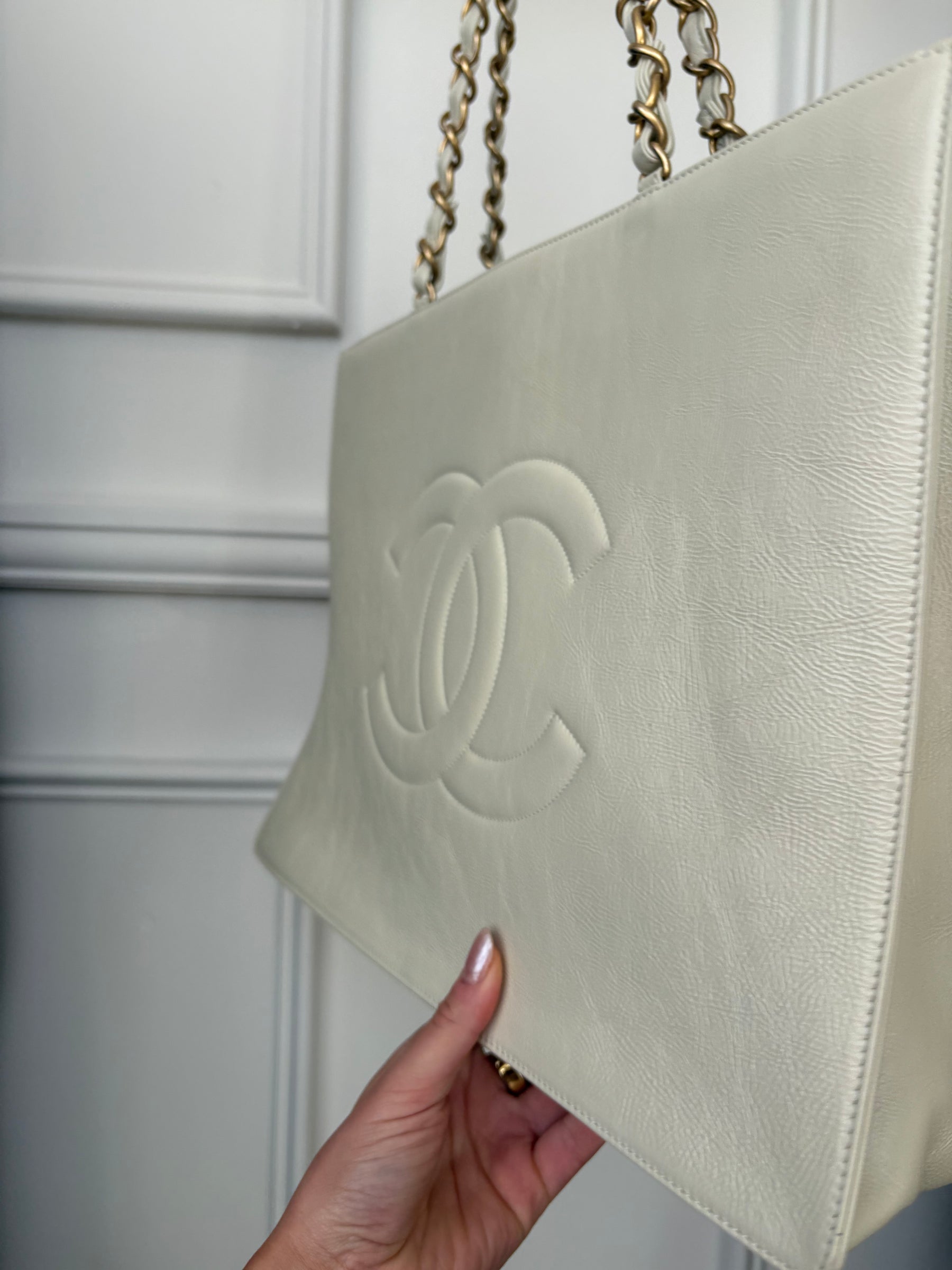 Chanel Cream Logo Shopper Chain Tote
