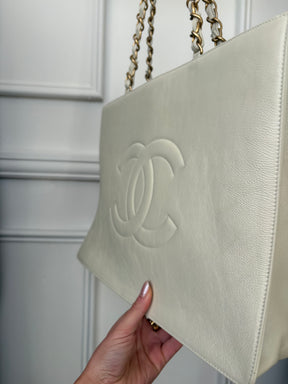 Chanel Cream Logo Shopper Chain Tote