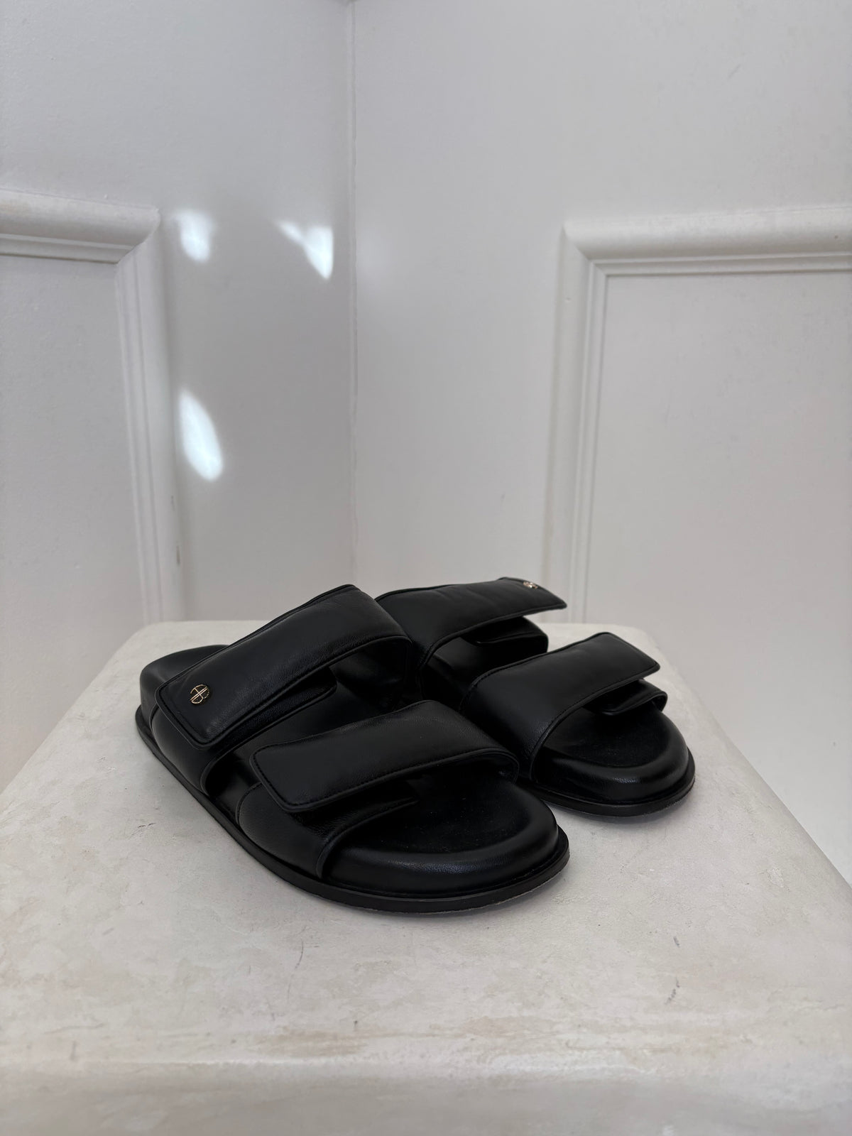 Anine Bing Black Leather Padded Slides, 38