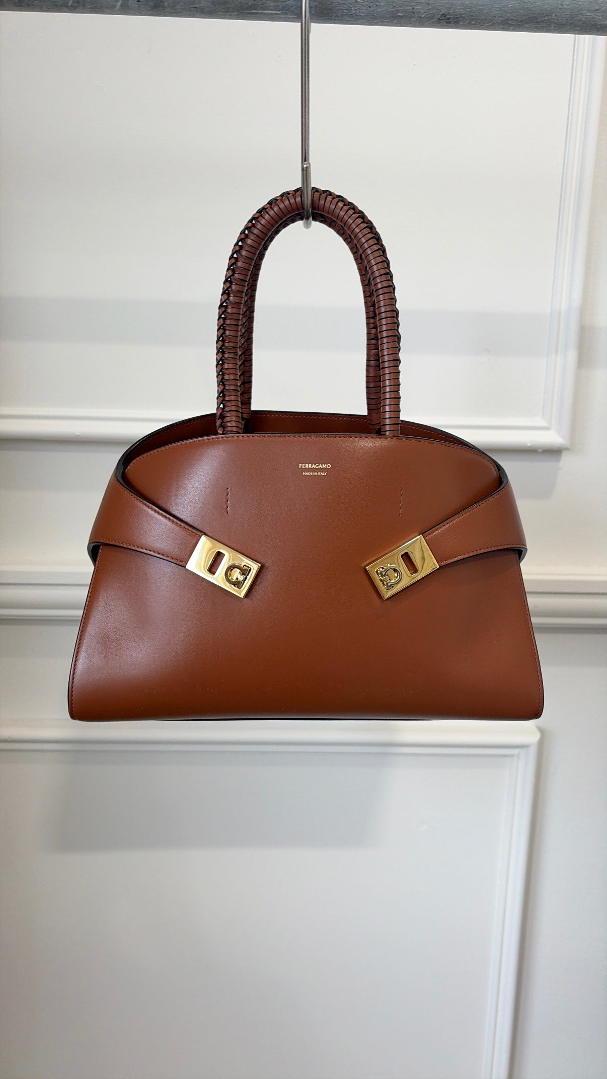 Ferragamo Chestnut Leather Small Hug Bag with Braided Handles