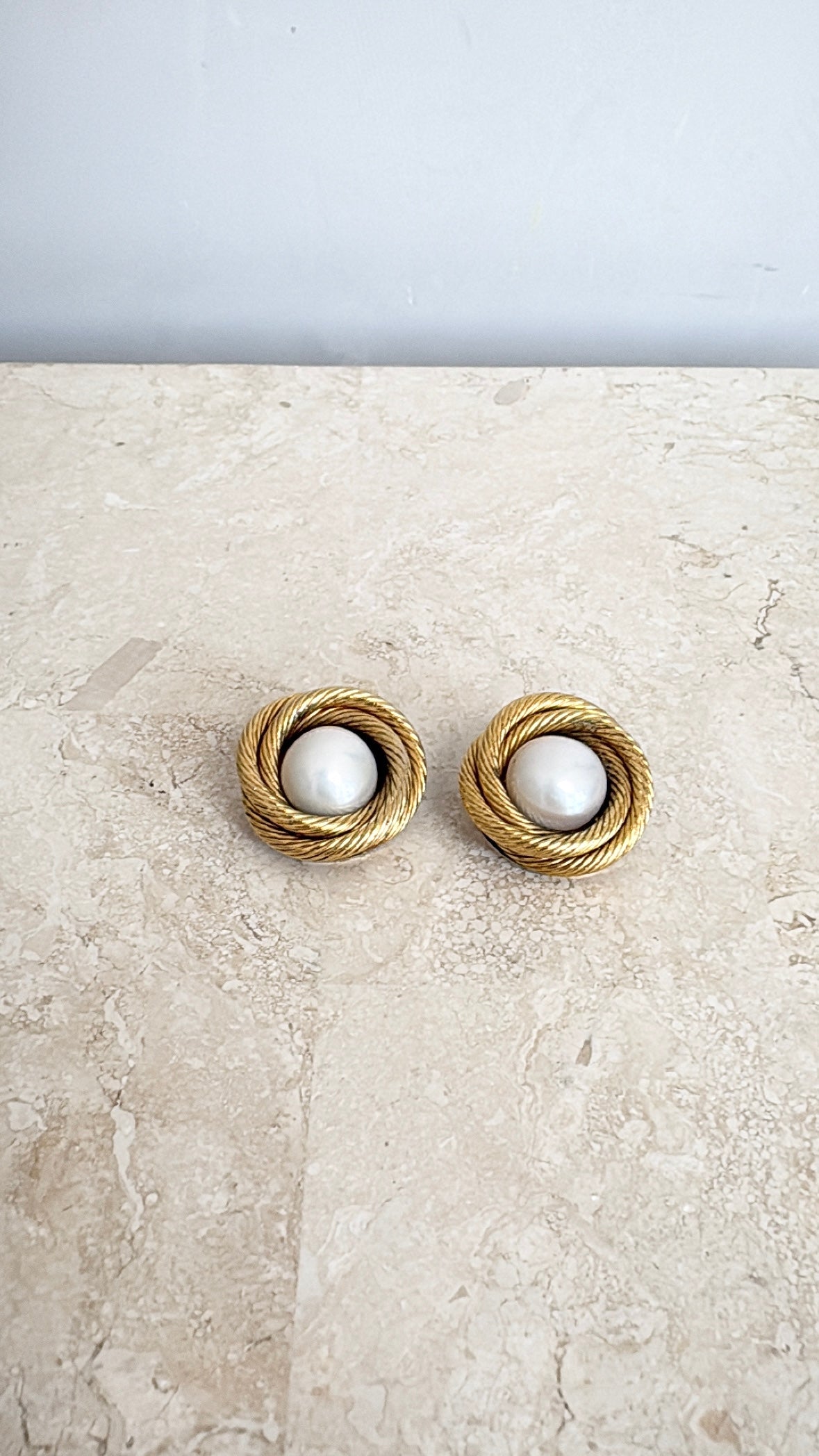 Chanel Textured Twisted Gold Tone and Pearl Clip On Earrings