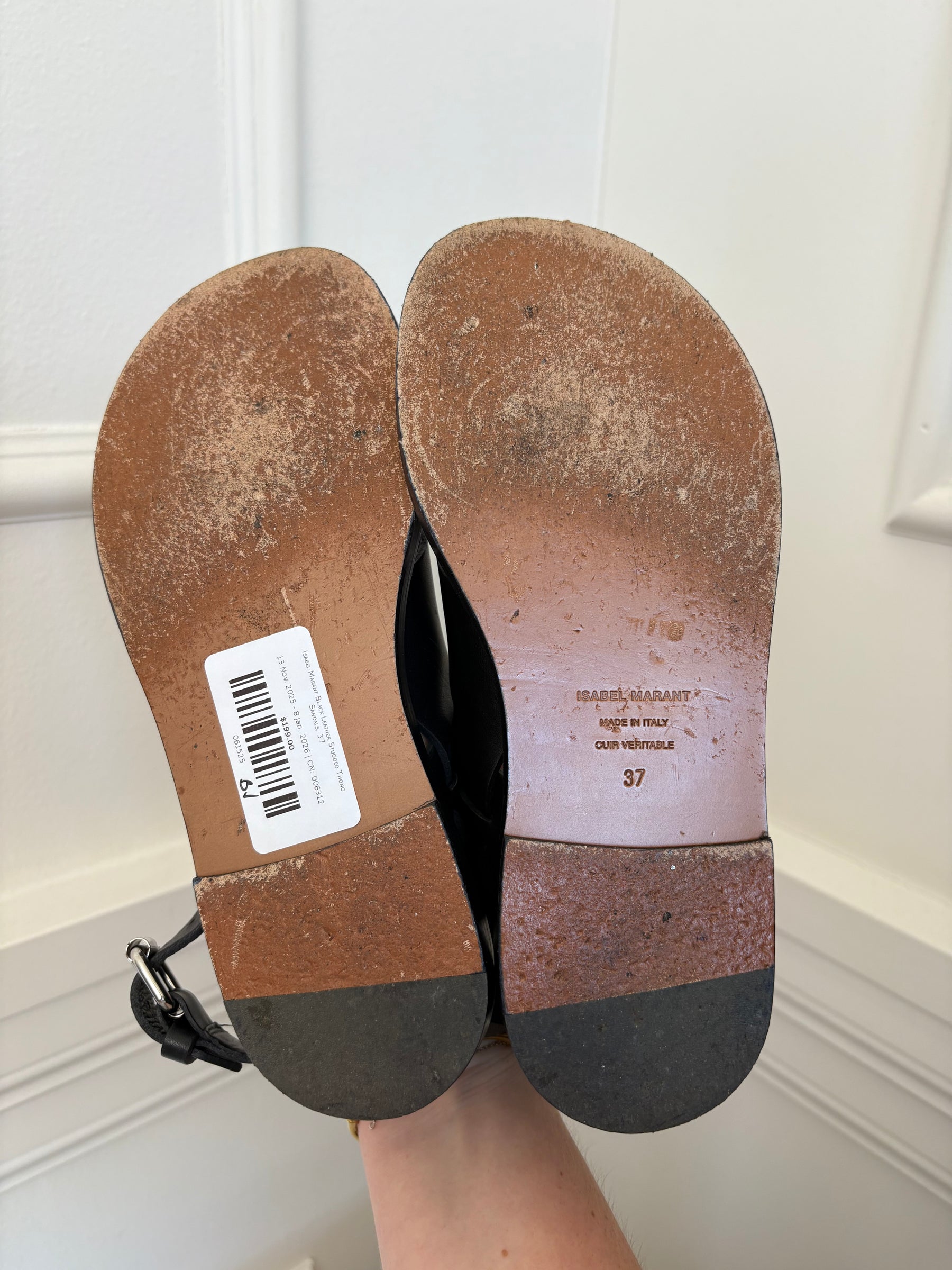 Isabel Marant Black Leather Studded Thong Sandals, 37