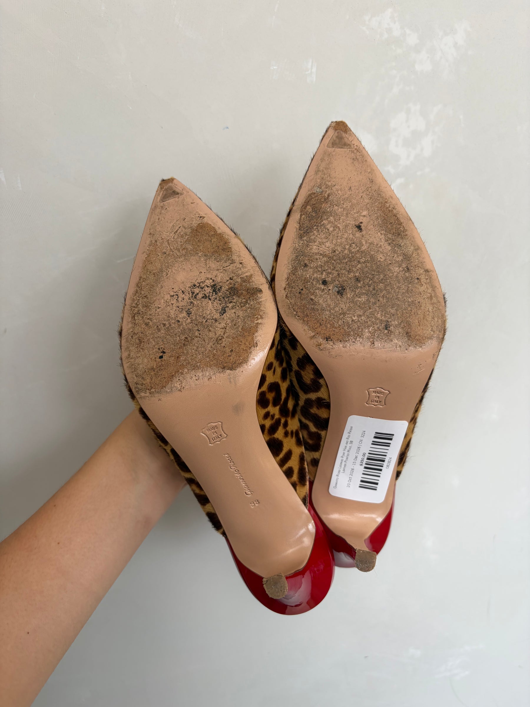 Gianvito Rossi Leopard Pony Hair and Red Patent Leather Pointed Mule, 38