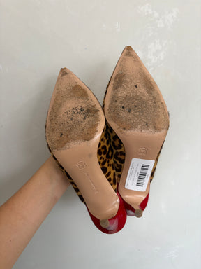 Gianvito Rossi Leopard Pony Hair and Red Patent Leather Pointed Mule, 38