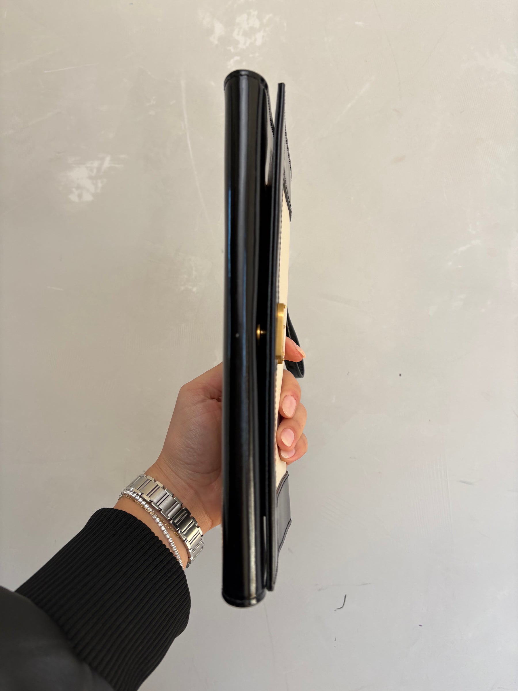 Saint Laurent Black Patent and White Leather Logo Wristlet Clutch