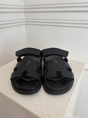 Hermès Black Leather Chypre Sandals, 36