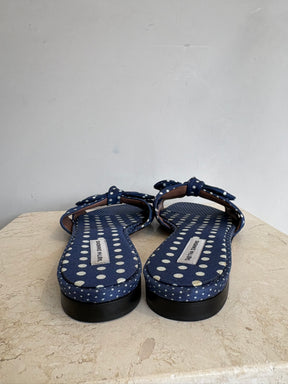 Tabitha Simmons Blue and White Spotted Bow Slides, 37