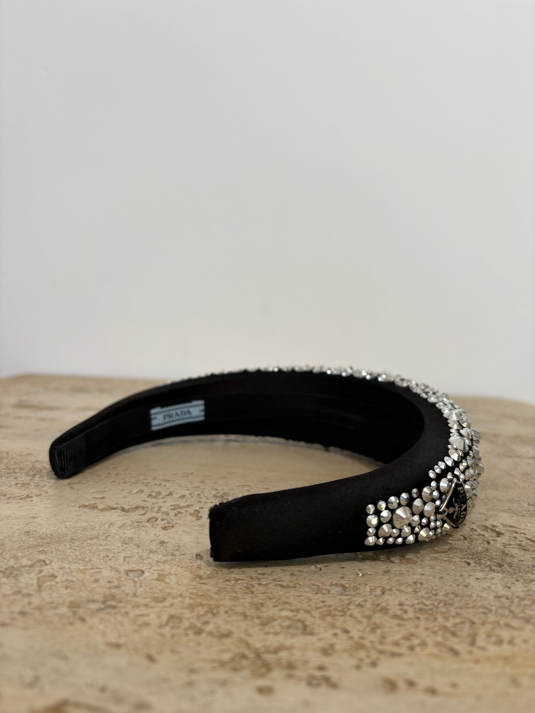 Prada Black and Crystal Studded Logo Headband