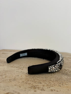 Prada Black and Crystal Studded Logo Headband