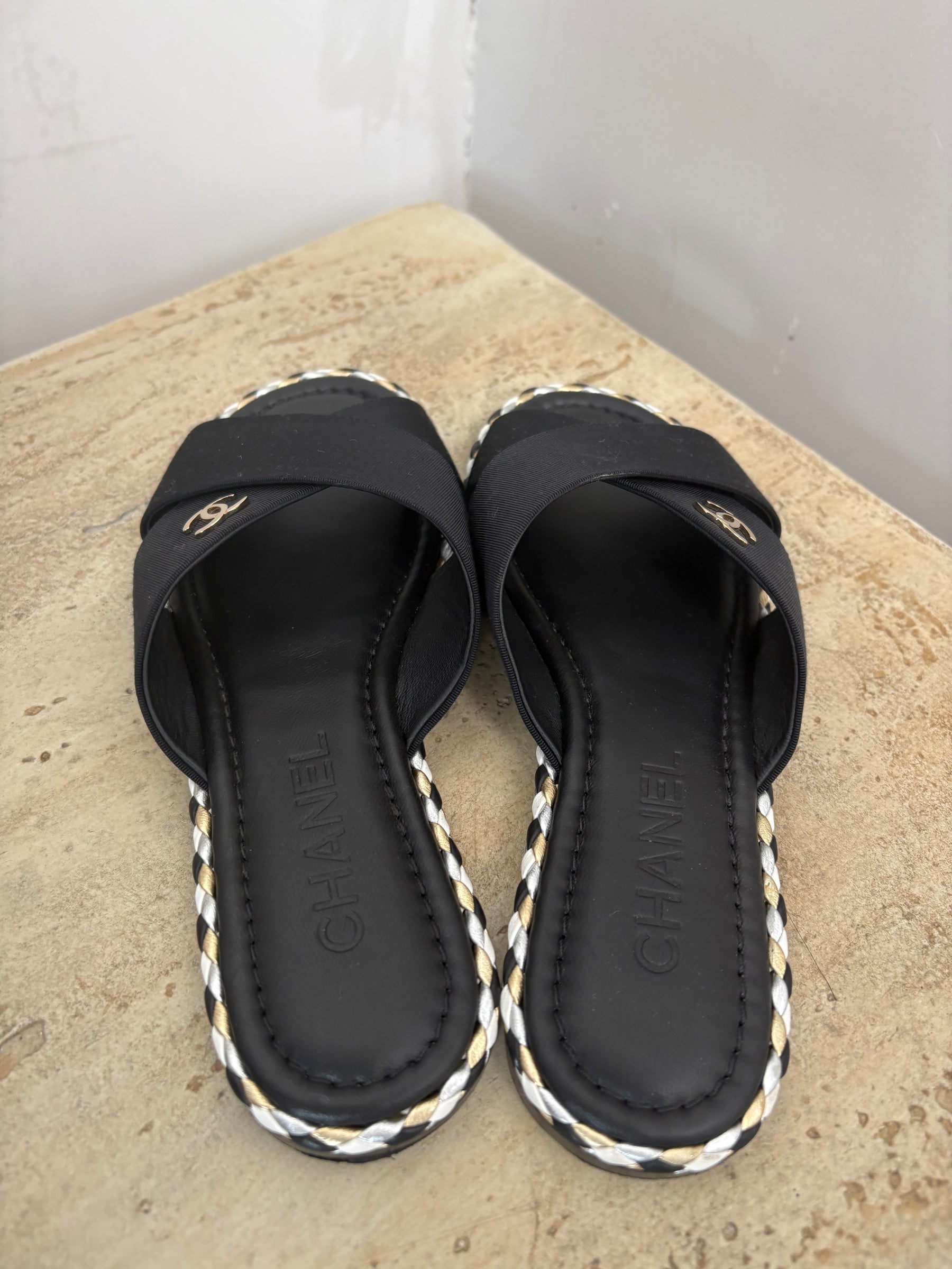 Chanel Black Grosgrain Cross Over Logo Slides, 36 C