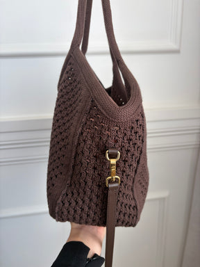 Miu Miu Ivy Cotton Mesh Tote Chocolate Brown