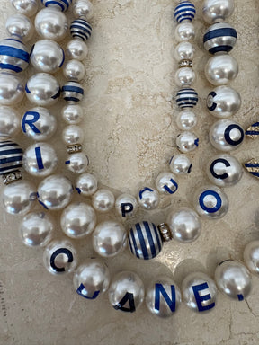 Chanel 3 Strand Pearl Logo Necklace with Blue Detailing