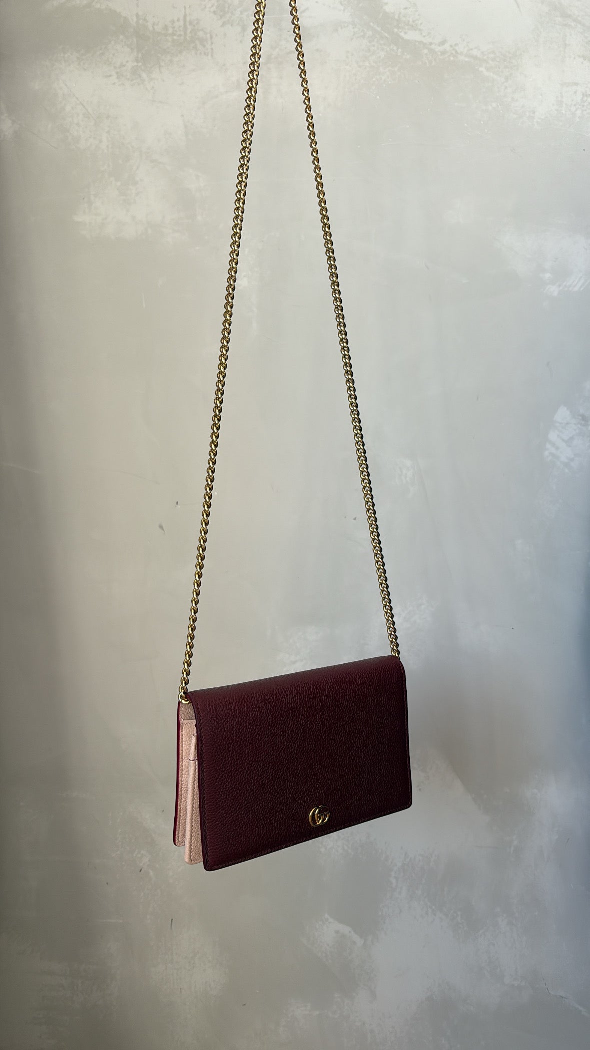 Gucci Burgundy Grained Leather Marmont Wallet on Chain