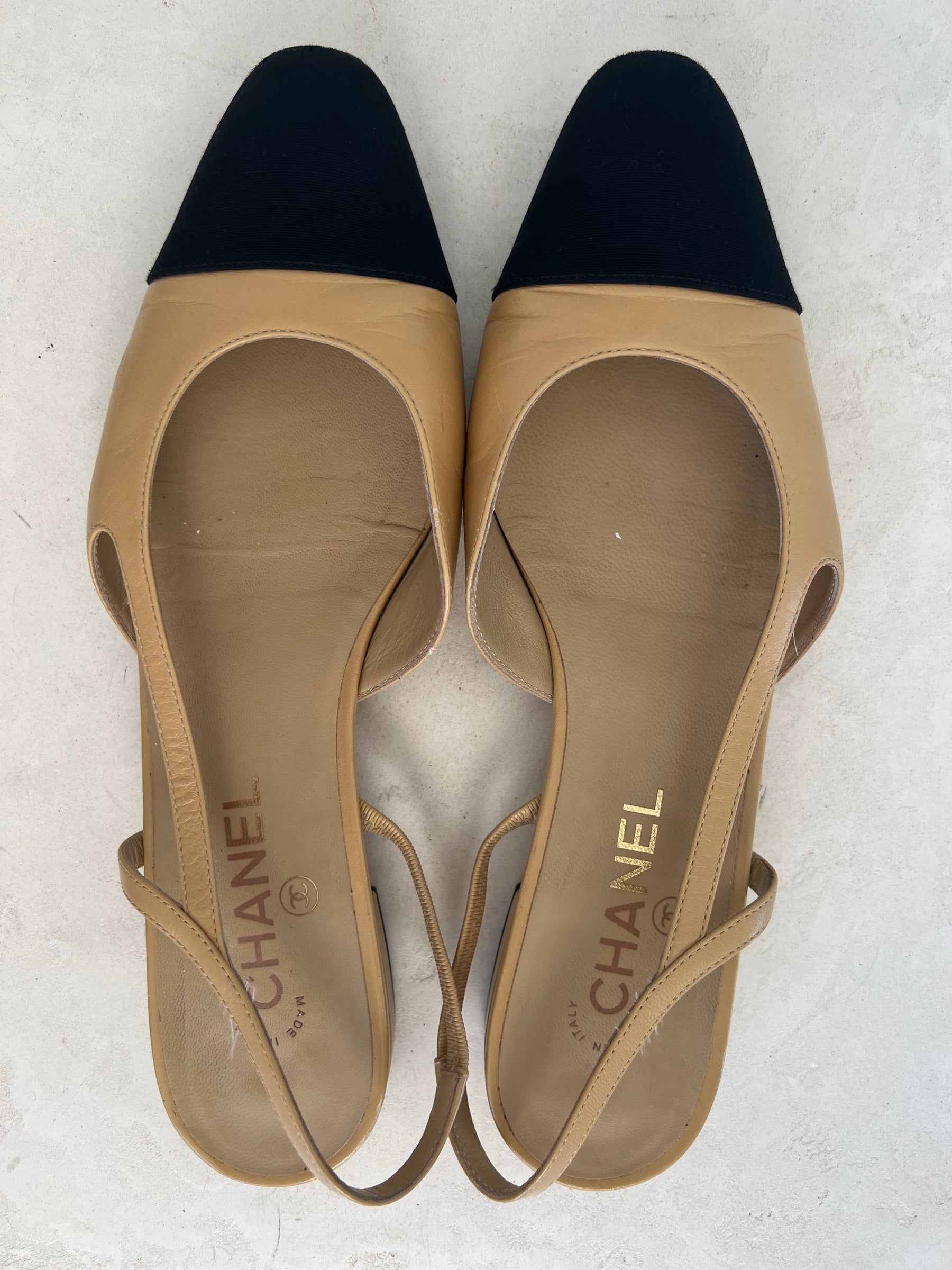 Chanel Beige and Black Ballet Flat Slingbacks, 40.5C