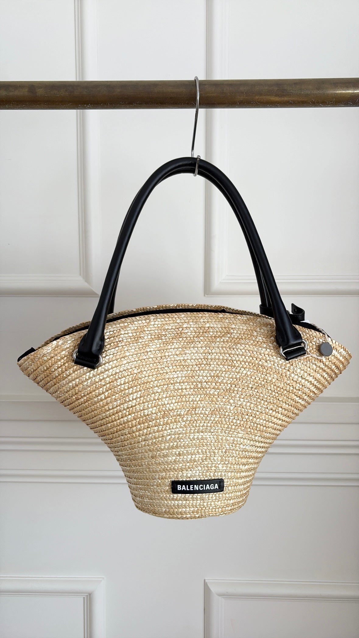 Balenciaga Raffia and Black Leather Mini Beach Tote