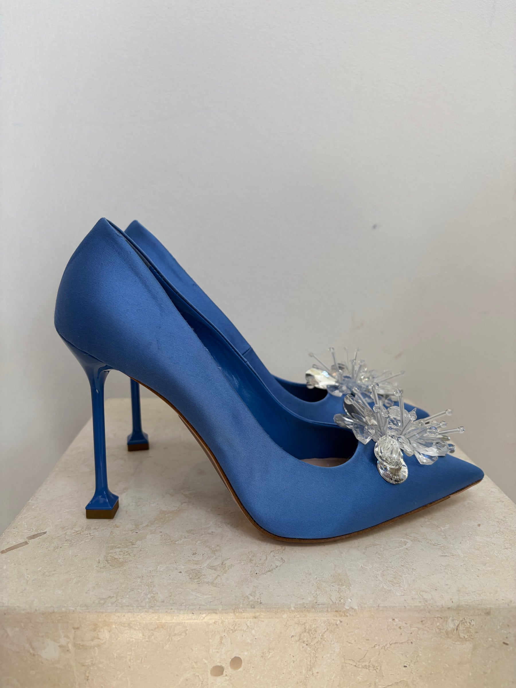 Miu Miu Embellished Satin Mules Blue, 39.5