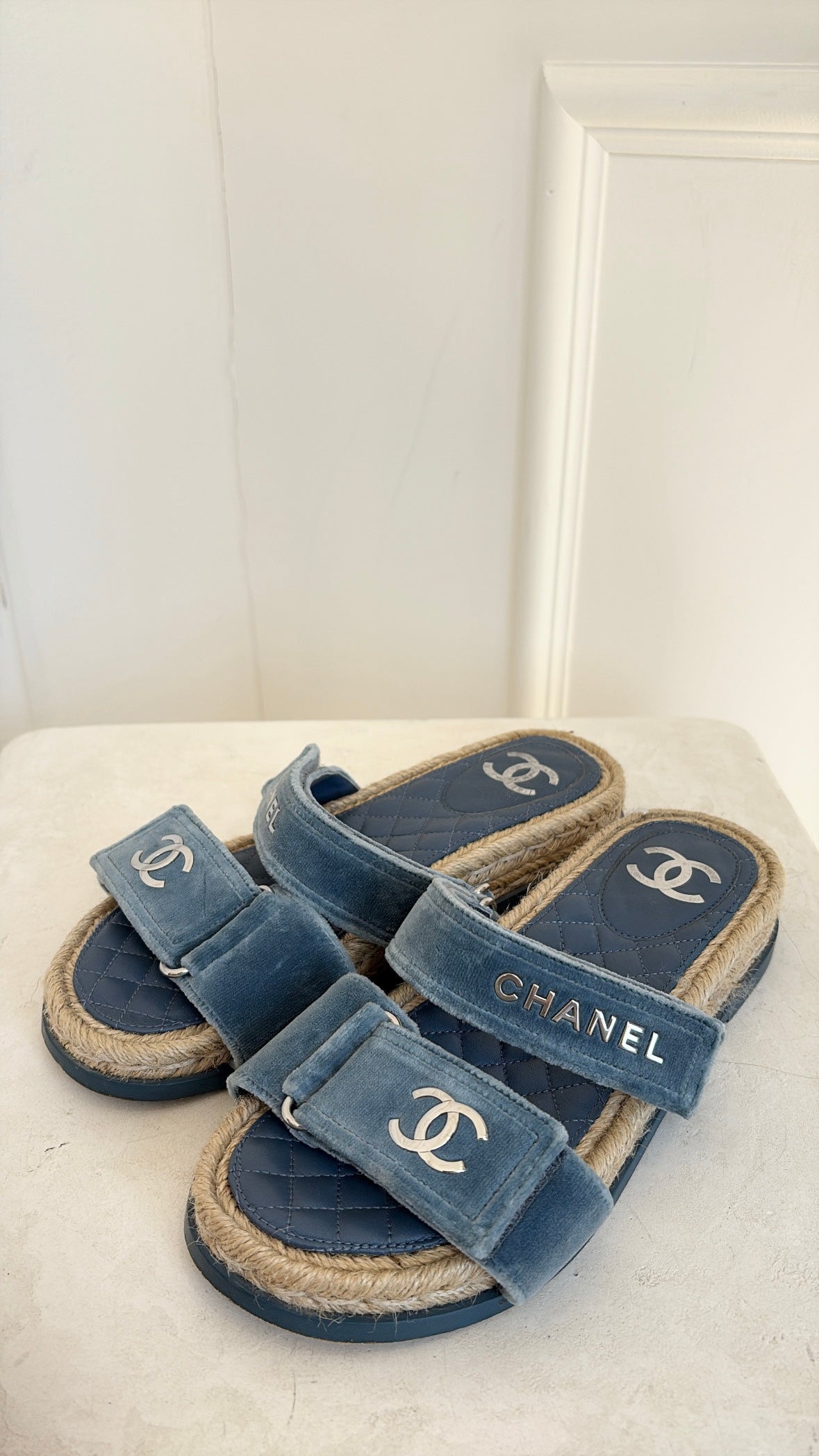 Chanel Dusty Blue Velevt Espadrille Slides, 38C