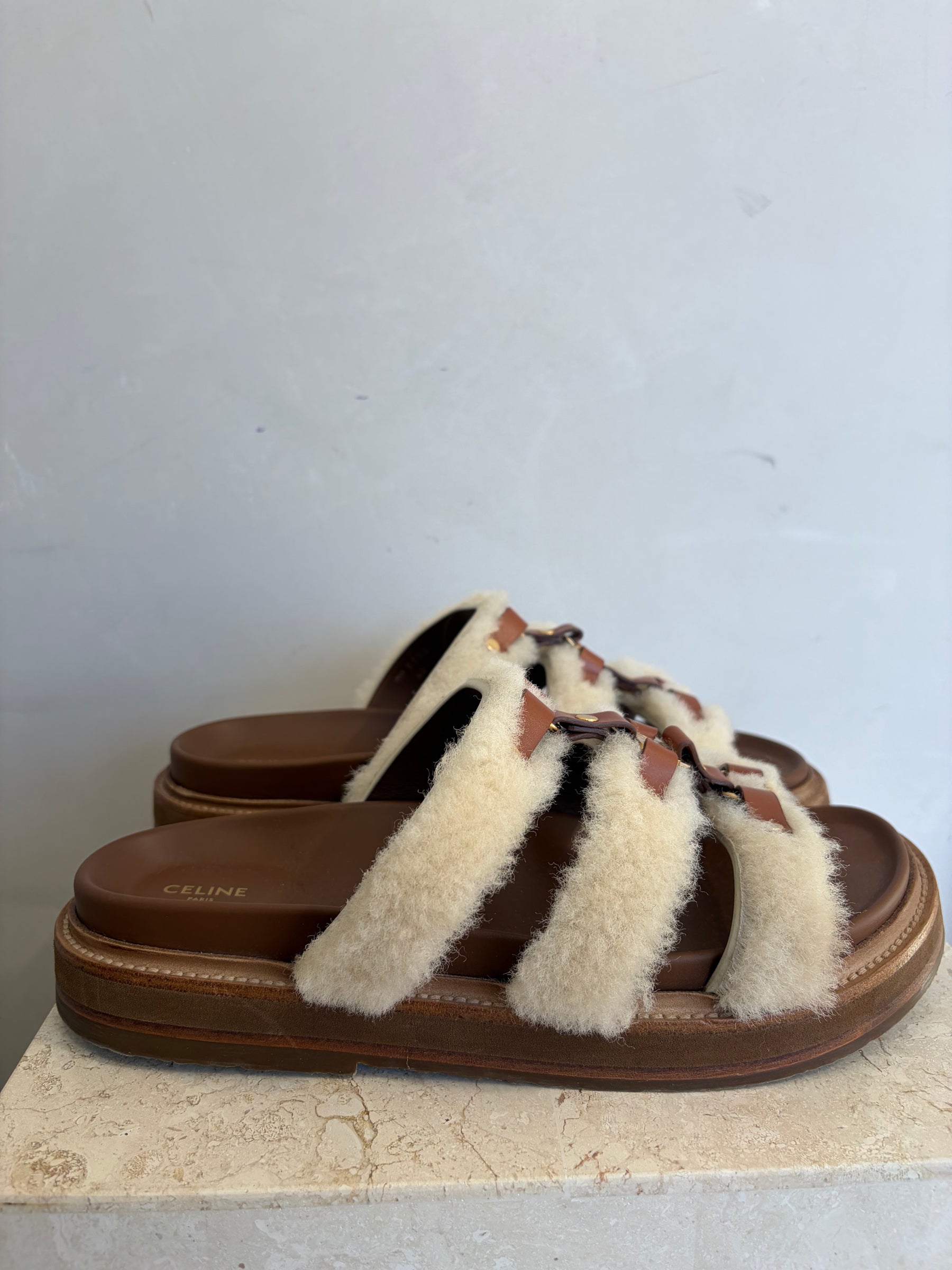 Celine Tan Leather and Cream Shearling Tippi Triomphe Slides, 40